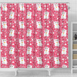 Maneki Neko Lucky Cat Sakura Pink Background Shower Curtain Fulfilled In US