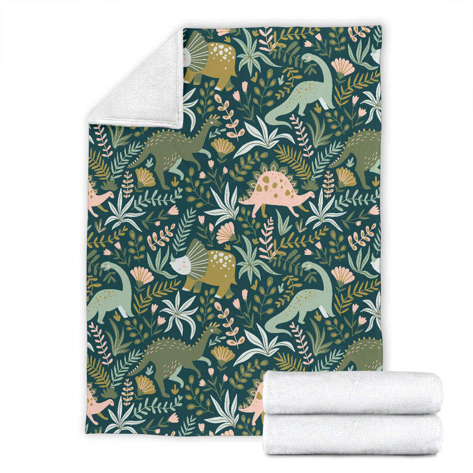 Dinosaurs Tropical Leaves Flower Pattern Premium Blanket