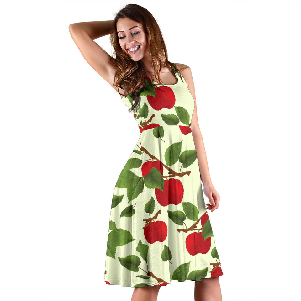 Red Apples Leaves Pattern Sleeveless Midi Dress