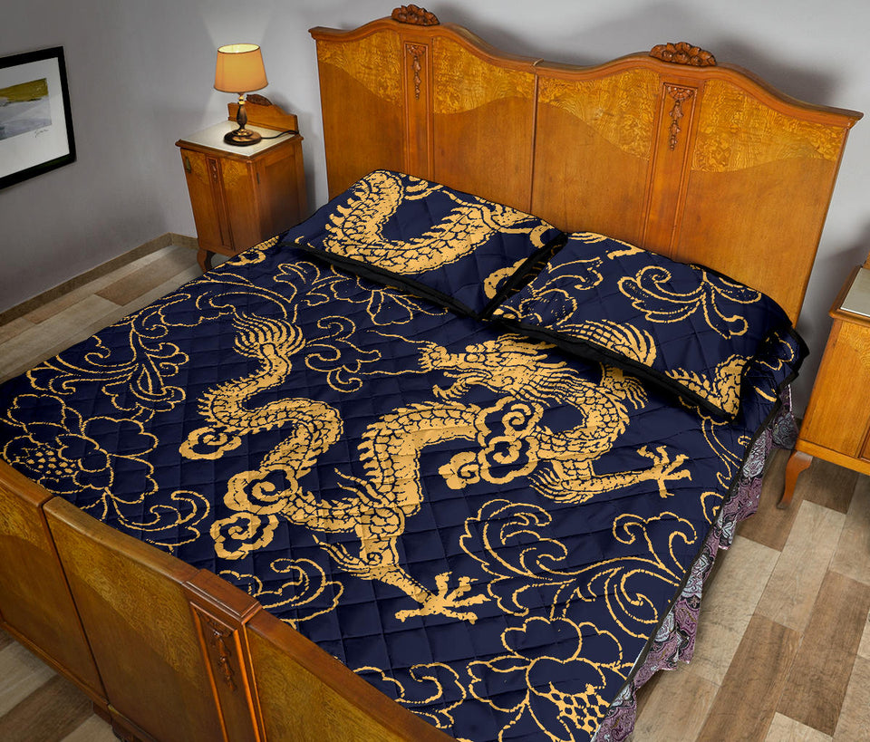 Gold dragon pattern Quilt Bed Set
