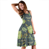 Cute Owls Leaves Pattern Sleeveless Midi Dress