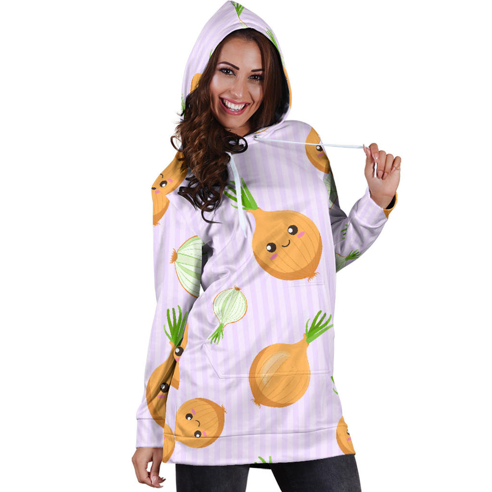 Cute Onions Smiling Faces Purple Background Women'S Hoodie Dress