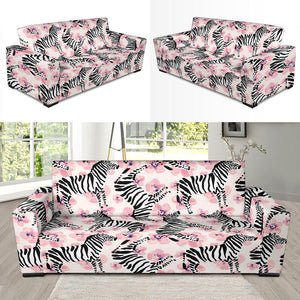 Zebra Pink Flower Background Sofa Slipcover