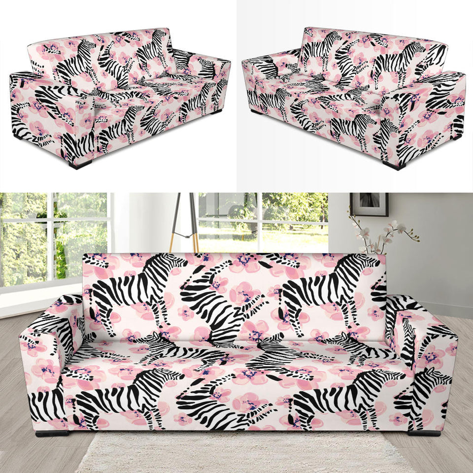 Zebra Pink Flower Background Sofa Slipcover
