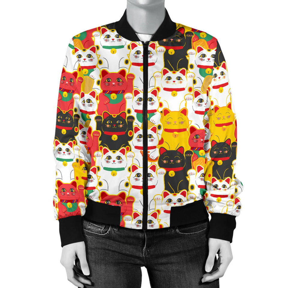 Colorful Maneki Neko Lucky Cat Pattern Women'S Bomber Jacket