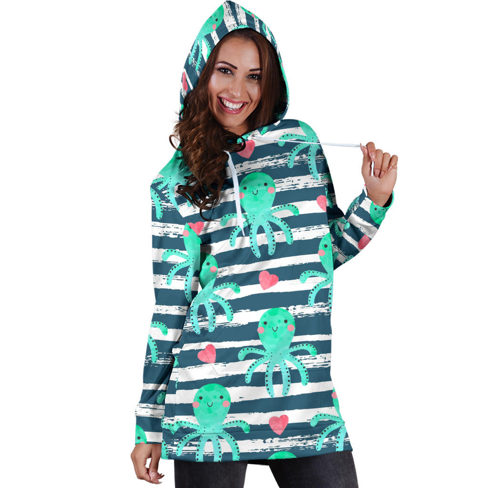 Cute Octopuses Heart Striped Background Women'S Hoodie Dress