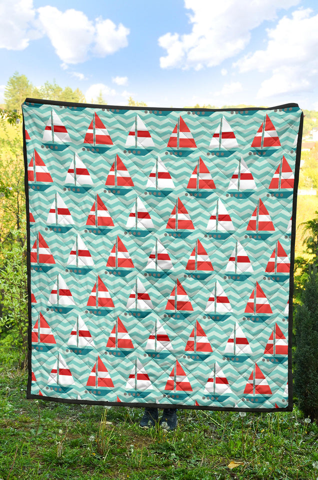 Red White Sailboat Wave Background Premium Quilt