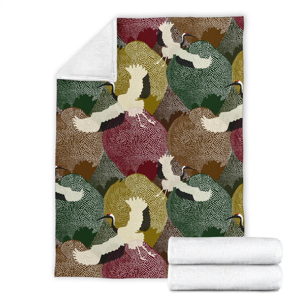 Japanese Cranes Flying Forest Dot Pattern Premium Blanket