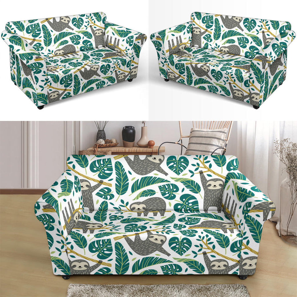 Cute Sloths Tropical Palm Leaves White Background Loveseat Couch Slipcover