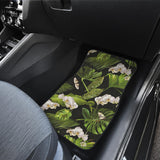 White Orchid Flower Tropical Leaves Pattern Blackground Front And Back Car Mats
