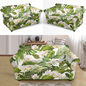 White Orchid Flower Tropical Leaves Pattern Loveseat Couch Slipcover
