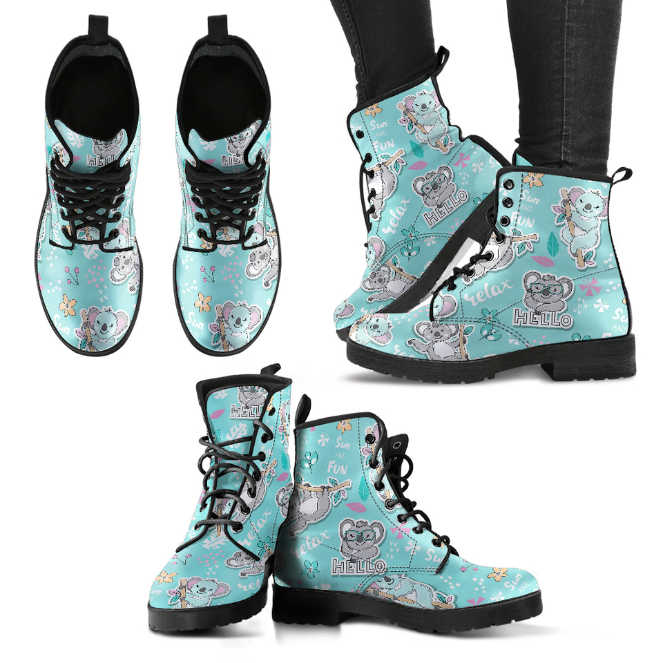 Cute Koalas Blue Background Pattern Leather Boots