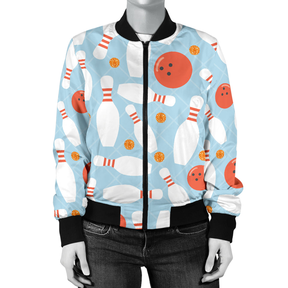 Bowling Ball Bowling Pins Blue Blackground Women'S Bomber Jacket