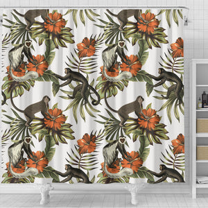 Monkey Red Hibiscus Flower Palm Leaves Floral Pattern Shower Curtain Fulfilled In US