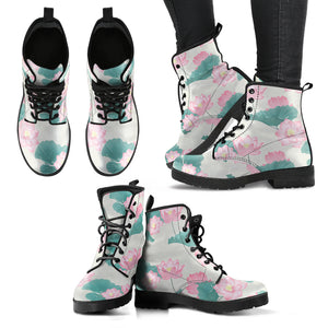 Pink Lotus Waterlily Leaves Pattern Leather Boots