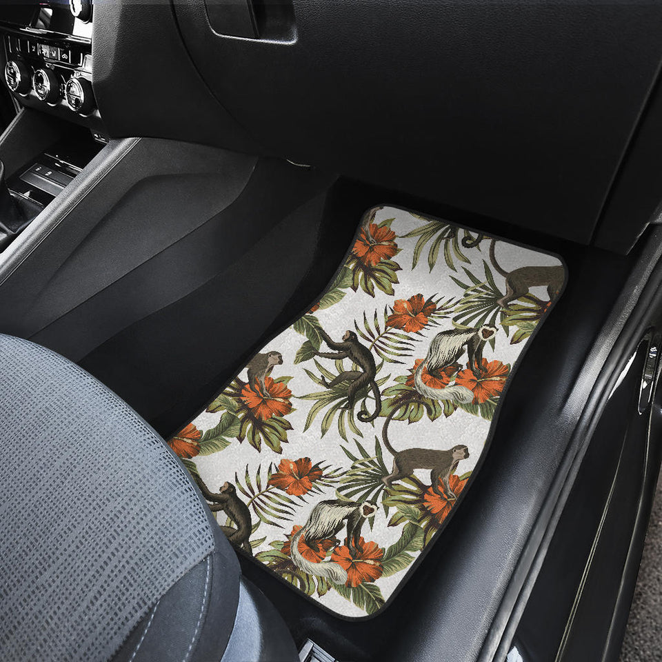 Monkey Red Hibiscus Flower Palm Leaves Floral Pattern Front Car Mats