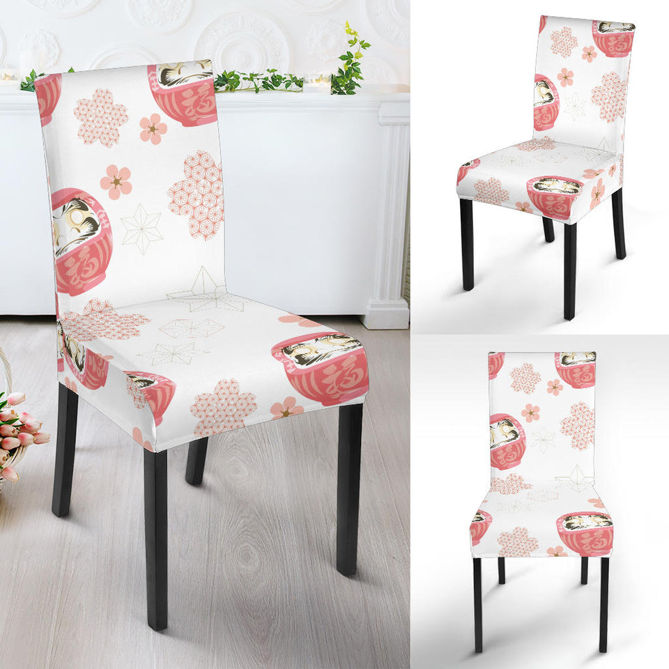 Daruma Japanese Wooden Doll Cherry Blossom Flower Pattern Dining Chair Slipcover