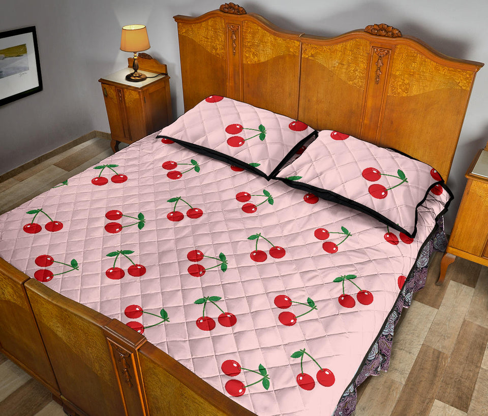 cherry pattern pink background Quilt Bed Set