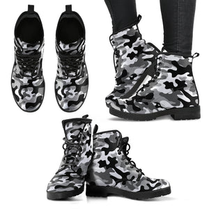 Black White Camo Camouflage Pattern Leather Boots