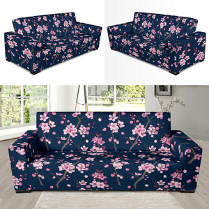 Pink Sakura Cherry Blossom Blue Background Sofa Slipcover