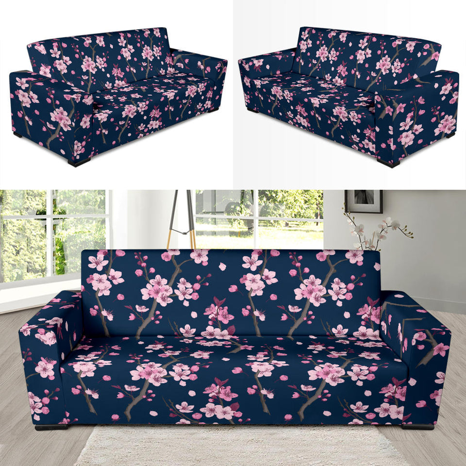 Pink Sakura Cherry Blossom Blue Background Sofa Slipcover