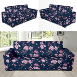 Pink Sakura Cherry Blossom Blue Background Sofa Slipcover