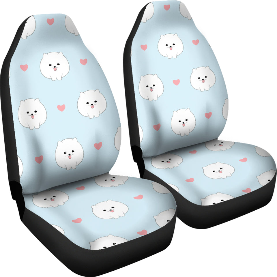 White Cute Pomeranian Pattern  Universal Fit Car Seat Covers