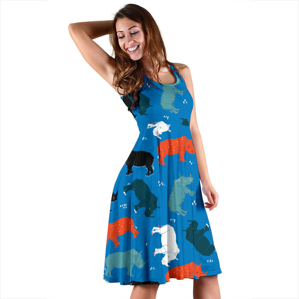 Colorful Rhino Pattern Sleeveless Midi Dress