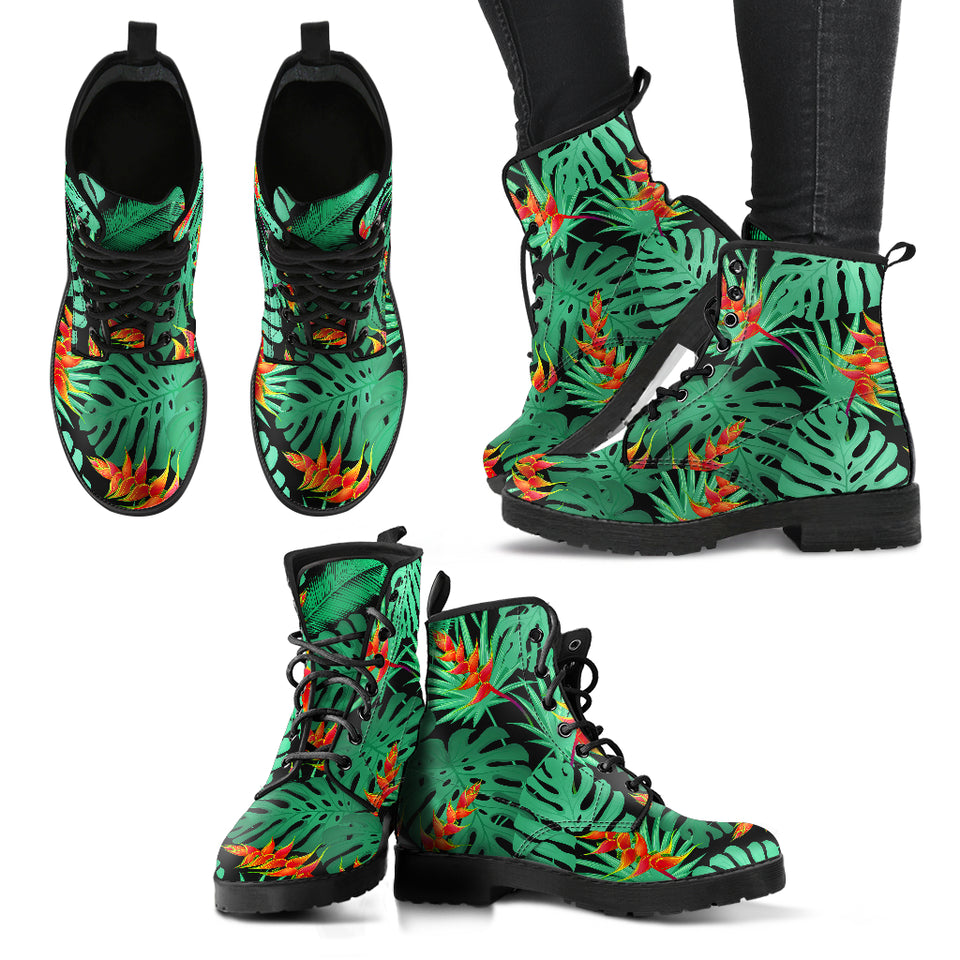 Heliconia Flower Palm Monstera Leaves Black Background Leather Boots