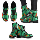 Heliconia Flower Palm Monstera Leaves Black Background Leather Boots