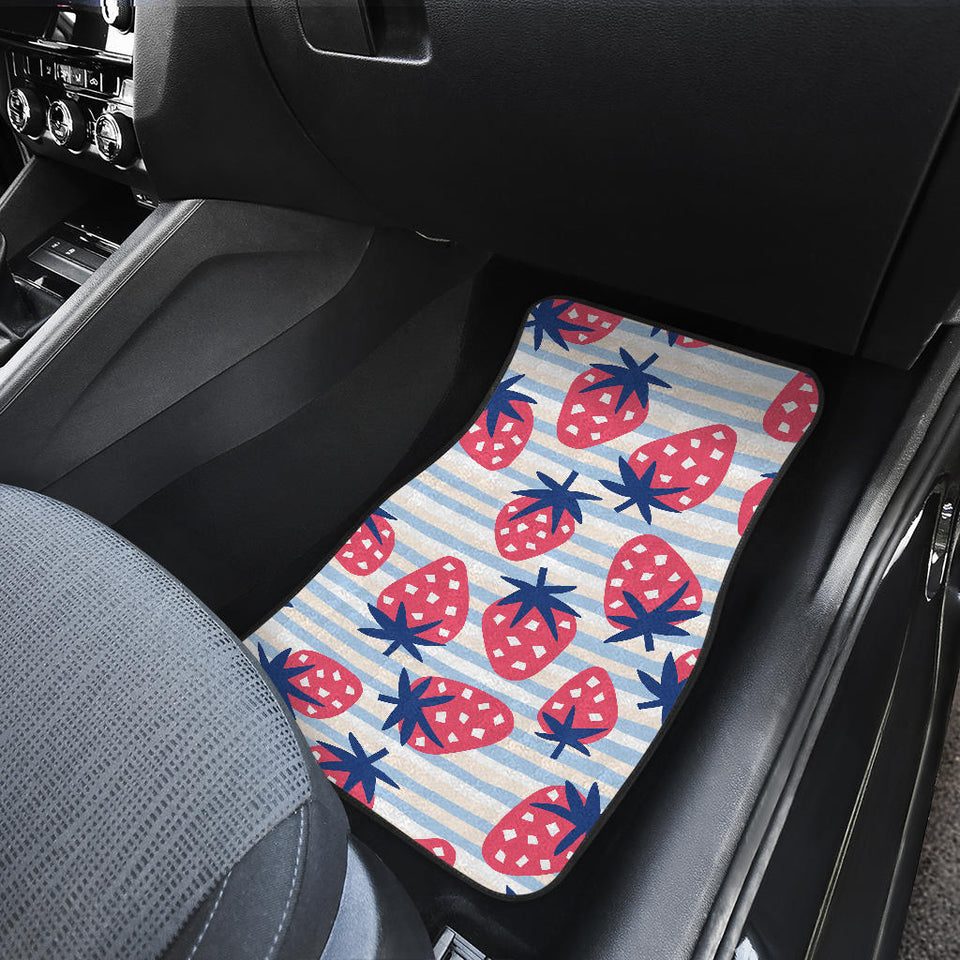 Strawberry Pattern Blue Lines Background Front And Back Car Mats