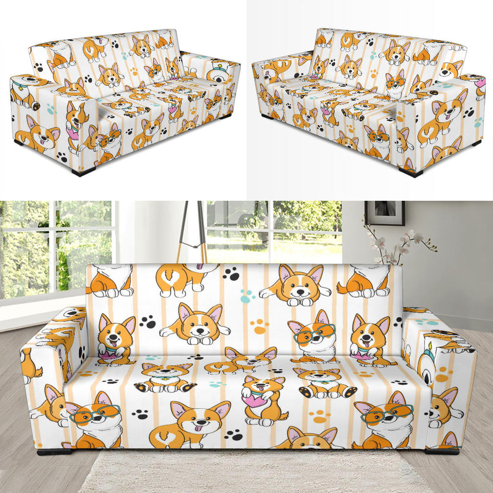 Cute Dog Corgi Striped Background Pattern Sofa Slipcover
