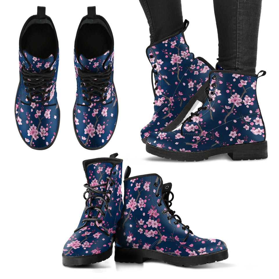 Pink Sakura Cherry Blossom Blue Background Leather Boots
