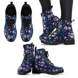 Pink Sakura Cherry Blossom Blue Background Leather Boots