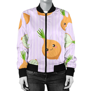 Cute Onions Smiling Faces Purple Background Women'S Bomber Jacket