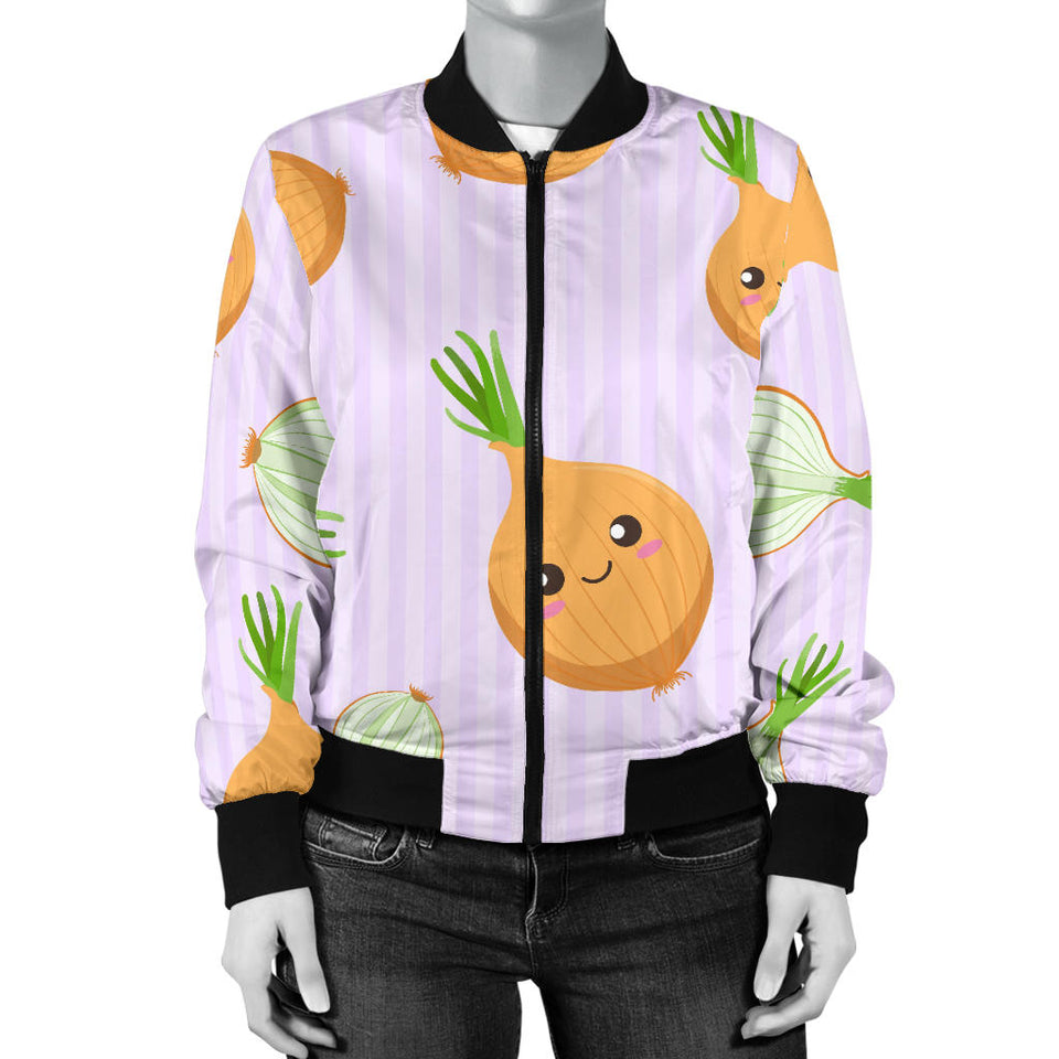 Cute Onions Smiling Faces Purple Background Women'S Bomber Jacket