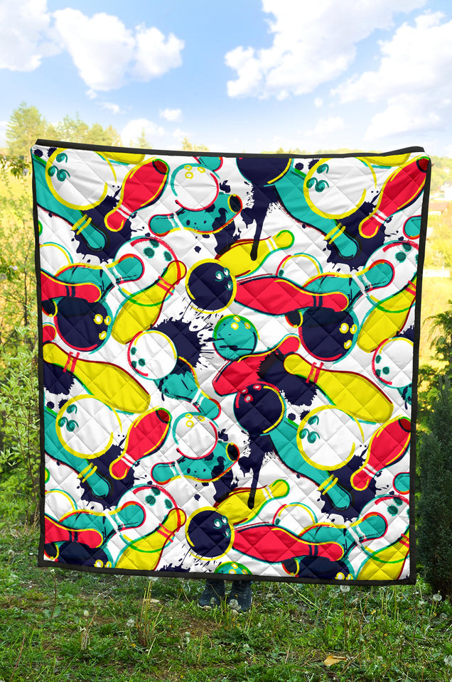 Watercolor Bowling Ball Pins Premium Quilt