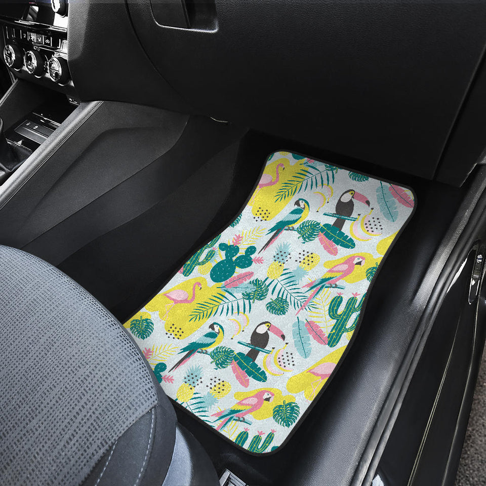 Cute Parrot Toucan Flamingo Cactus Exotic Leaves Pattern Front And Back Car Mats