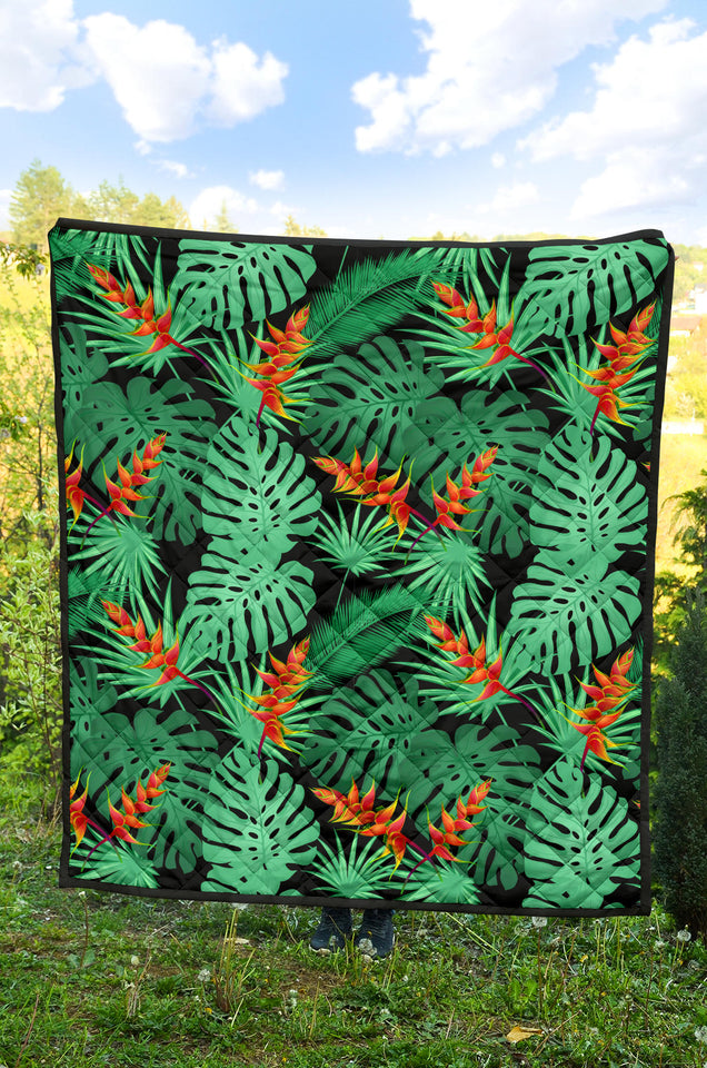 Heliconia Flower Palm Monstera Leaves Black Background Premium Quilt