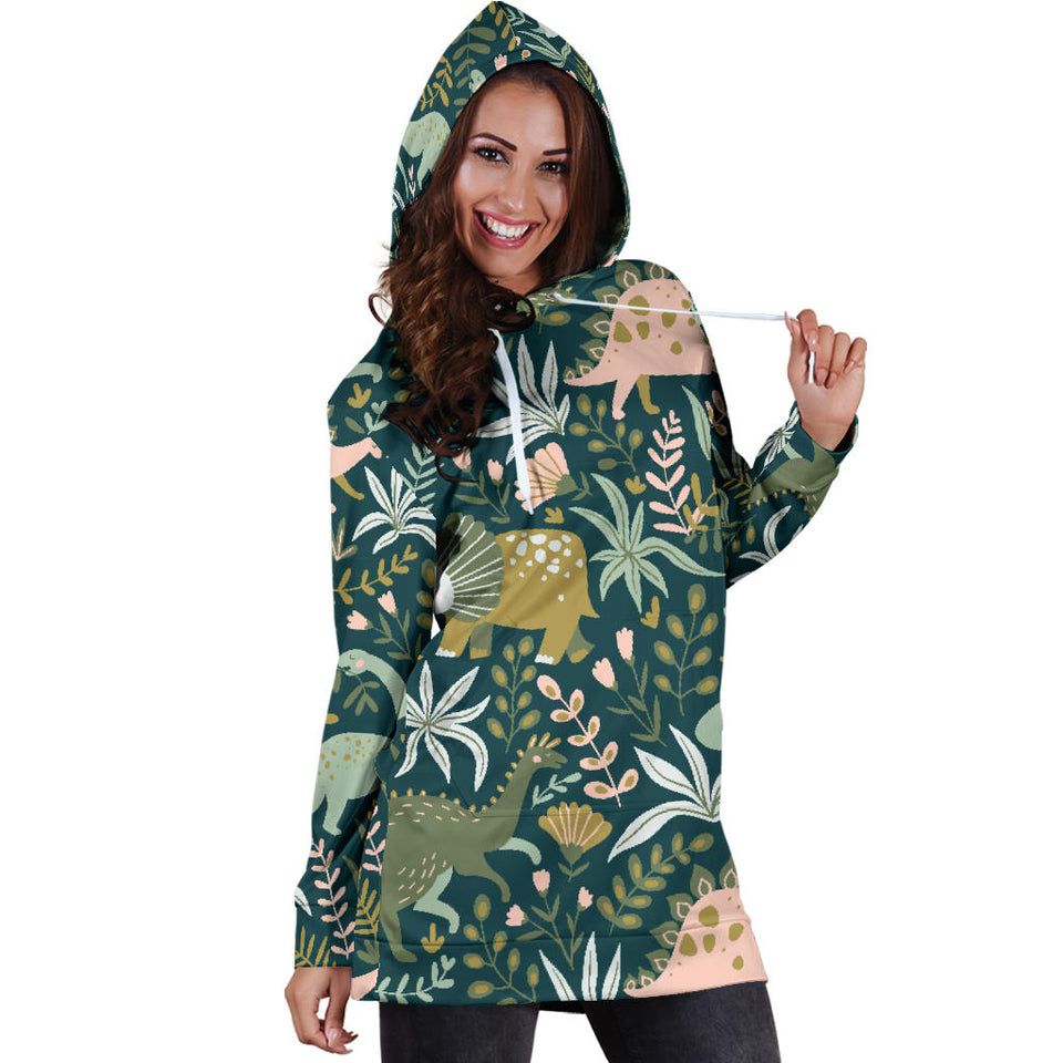 Dinosaurs Tropical Leaves Flower Pattern Women'S Hoodie Dress