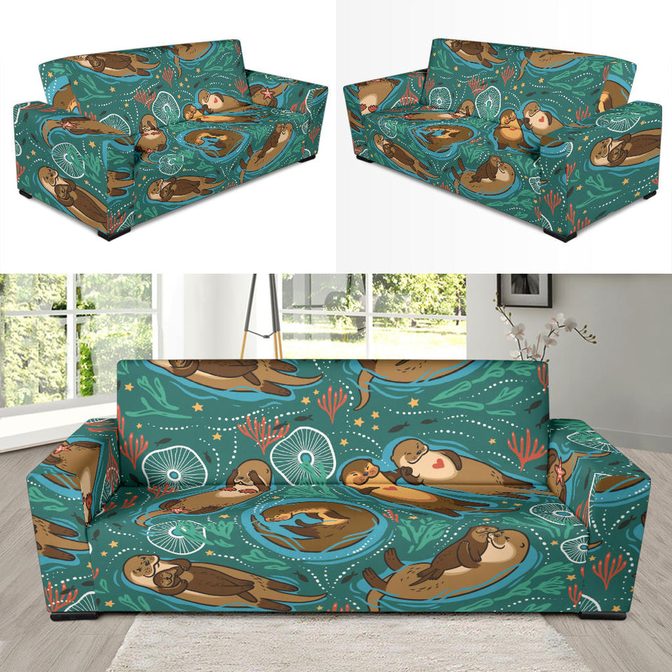 Cute Brown Sea Otters Ornamental Seaweed Corals Green Water Sofa Slipcover