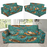 Cute Brown Sea Otters Ornamental Seaweed Corals Green Water Sofa Slipcover