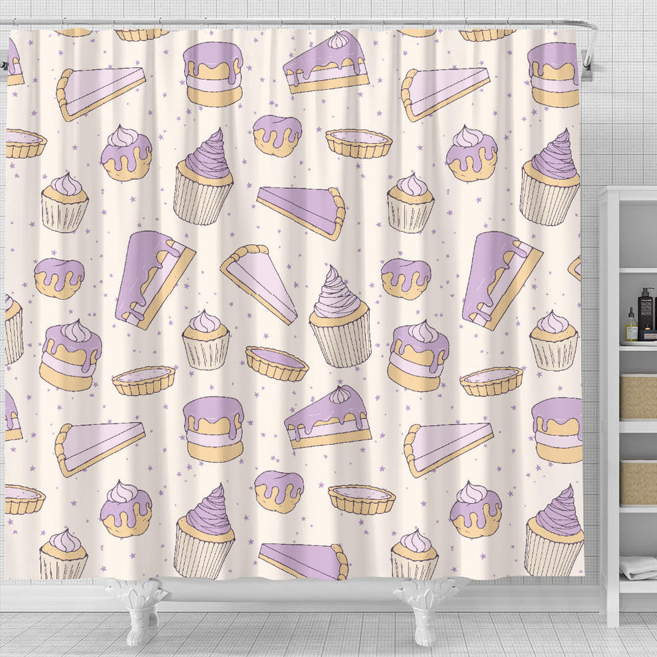 Cakes Pies Tarts Muffins And Eclairs Purple Blueberry Topping Pattern Shower Curtain Fulfilled In US