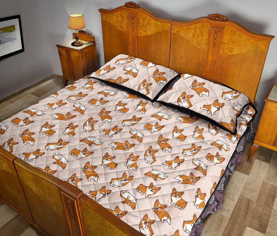 Cute Corgis Pattern pink background Quilt Bed Set