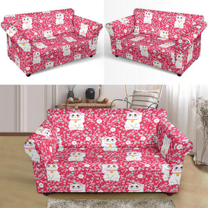 Maneki Neko Lucky Cat Sakura Pink Background Loveseat Couch Slipcover