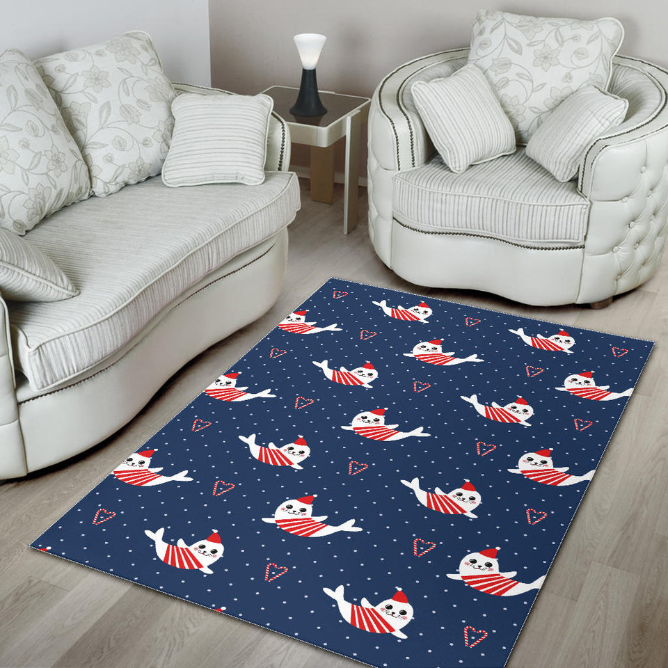 Cute Sea Lion Seal Christmas Hat Candy Cane Heart Pattern Area Rug
