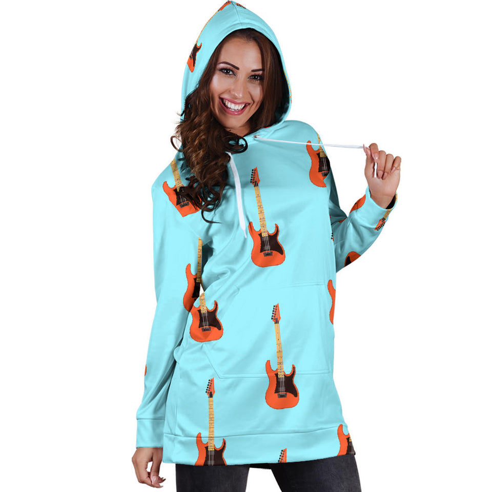 Electric Guitar Pattern Light Blue Background Women'S Hoodie Dress
