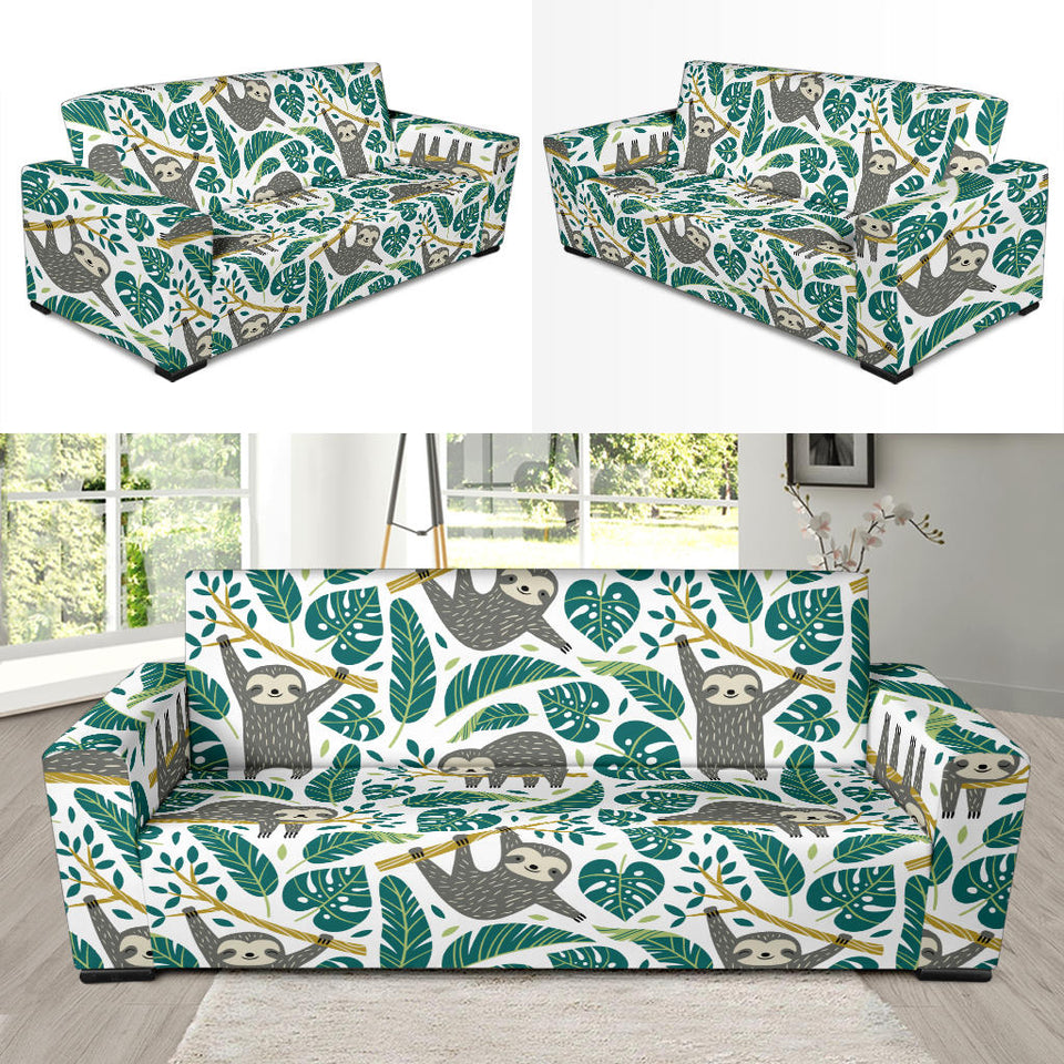 Cute Sloths Tropical Palm Leaves White Background Sofa Slipcover