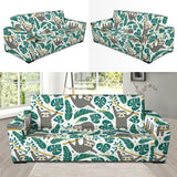 Cute Sloths Tropical Palm Leaves White Background Sofa Slipcover