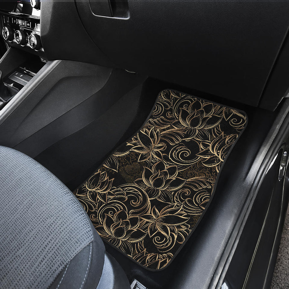Luxurious Gold Lotus Waterlily Black Background Front And Back Car Mats